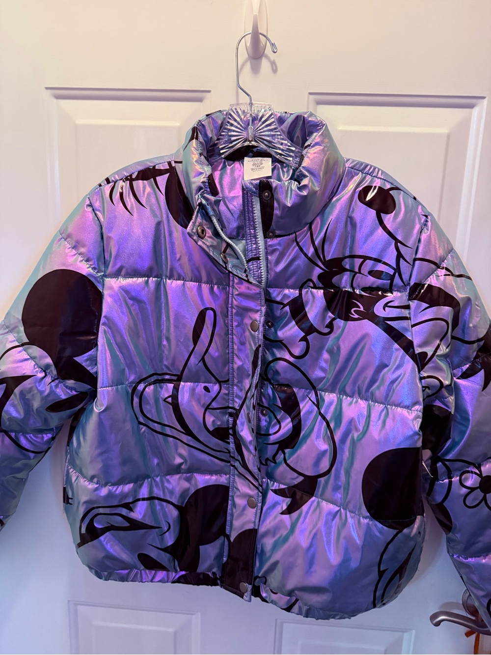 Disney women’s Iridescent Purple Puffer Jacket with Black Graphic Print size L
